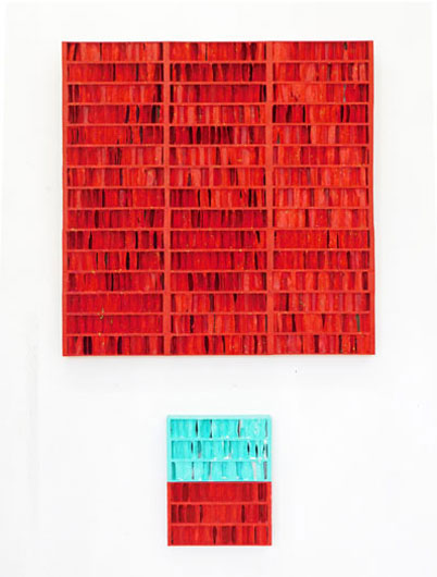 Mark Osborne, Red, red and blue 2018
Acrylic on board, card and plaster
6 x 75 and 30 x 25 cms